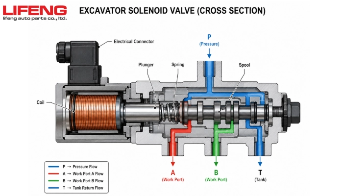 Cross section diagram of an excavator solenoid valve showing coil and plunger