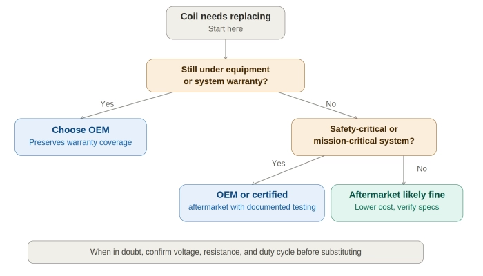 Decision flowchart for choosing OEM or aftermarket solenoid valve coil replacement