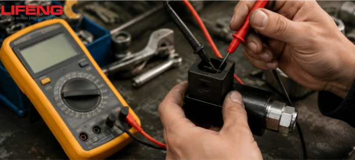 using multimeter to test excavator solenoid valve coil resistance