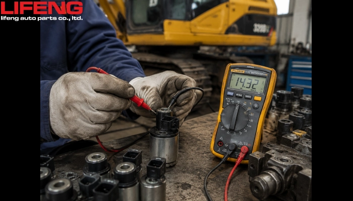 Technician testing hydraulic solenoid coil resistance using digital multimeter