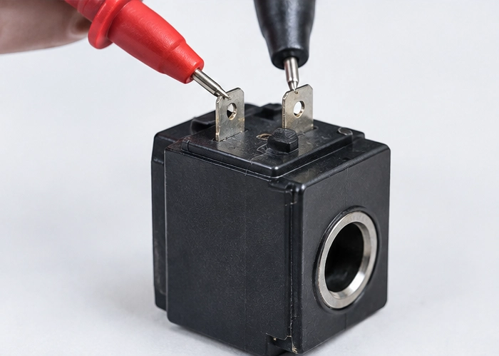 Multimeter probes connected to two solenoid valve coil terminals