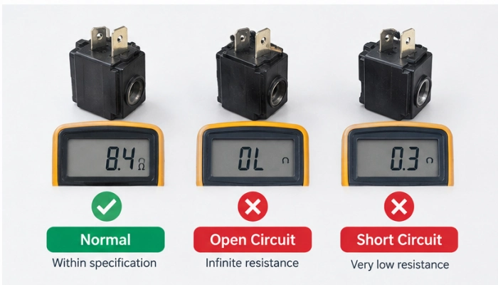 Solenoid valve coil resistance test showing normal, open circuit and short circuit readings