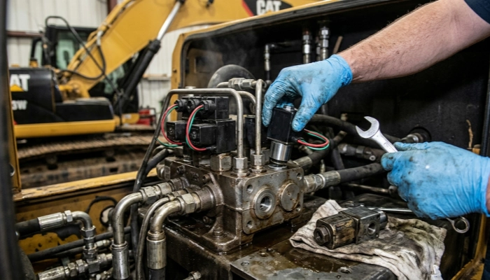 A professional mechanic wearing blue nitrile gloves replacing a hydraulic solenoid valve on an excavator control valve block during field service.