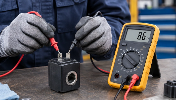 Technician measuring solenoid valve coil resistance with a digital multimeter